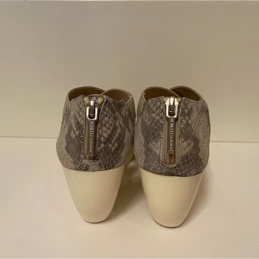 DONALD J PLINER SHOES WEDGE GRAY LEATHER TEXTILE STRAP ZIP BACK WHITE SOLE 7.5 M